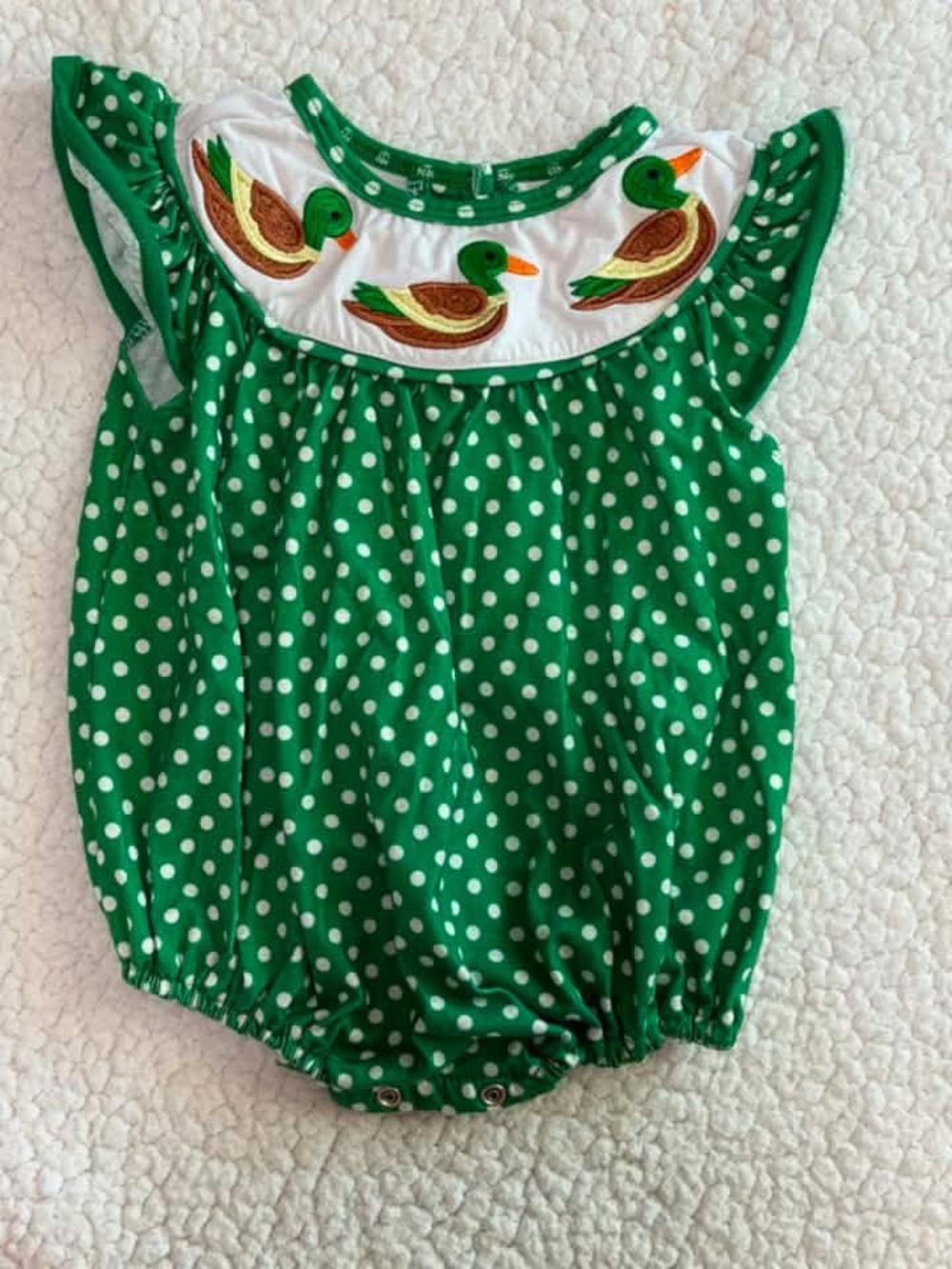Green Polka Dot Duck Smocked Baby Romper